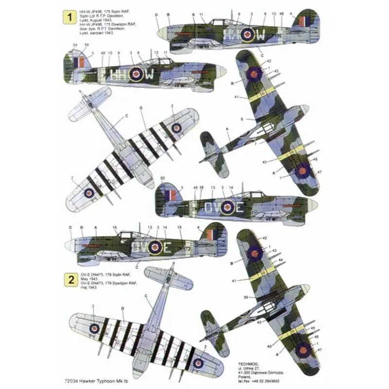 Koop Vandaag Sticker Hawker Typhoon Mk.Ib (3) JP496 HH W 175 Squadron S/L T.P.Davidson 1943 DN473 OV E 179 Squadron DN406 PR F 609 Squadron M
