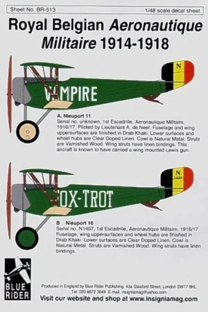 Sticker Belgian Air Force 1914-18 Nieuport 16 and 2 x Nieuport 11 Decal Nieuw