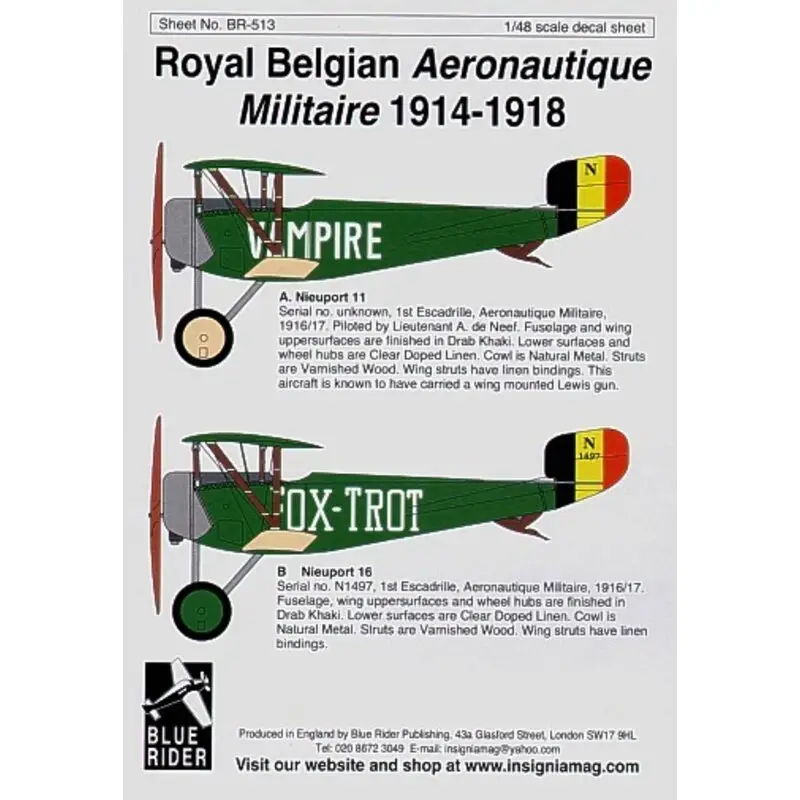 Sticker Belgian Air Force 1914-18 Nieuport 16 and 2 x Nieuport 11 Decal Nieuw