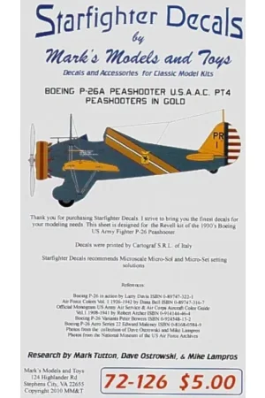Sticker Boeing P-26A/C Peashooters in gold Pt 4 (2) 33-1 PR 1 33-2 PR 2. Both blue fuselage/yellow wings with gold fuselage band Snelle Levering