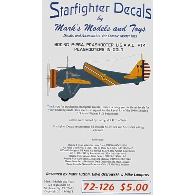 Sticker Boeing P-26A/C Peashooters in gold Pt 4 (2) 33-1 PR 1 33-2 PR 2. Both blue fuselage/yellow wings with gold fuselage band Snelle Levering