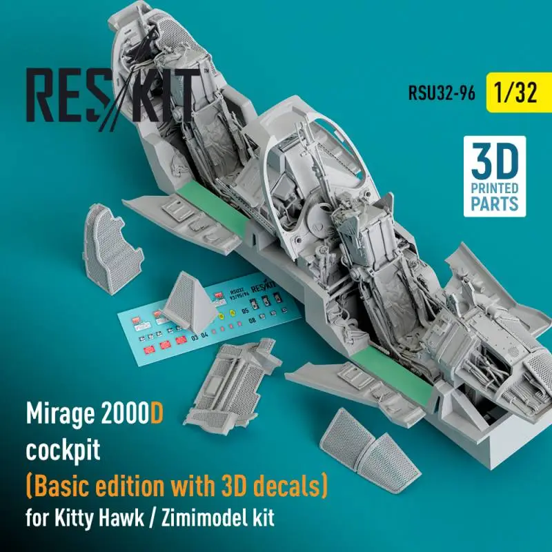 Favoriet Dassault-Mirage 2000D cockpit (Basic edition with 3D decals) for Kitty Hawk / Zimimodel kit (3D-Printed)