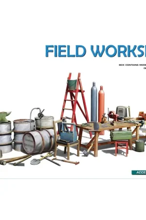 FIELD WORKSHOP Kit contains models of: gas cylinders, ladders, table, buckets, cart, anvil, beams, jack stand and tools in 1:48 Laatste Versie