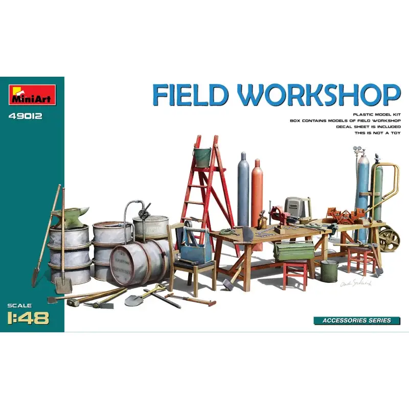 FIELD WORKSHOP Kit contains models of: gas cylinders, ladders, table, buckets, cart, anvil, beams, jack stand and tools in 1:48 Laatste Versie