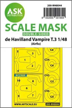 Op = Op De Havilland Vampire T.3 wiel- en luifelmaskers (binnen en buiten) (ontworpen voor gebruik met Airfix-kits)