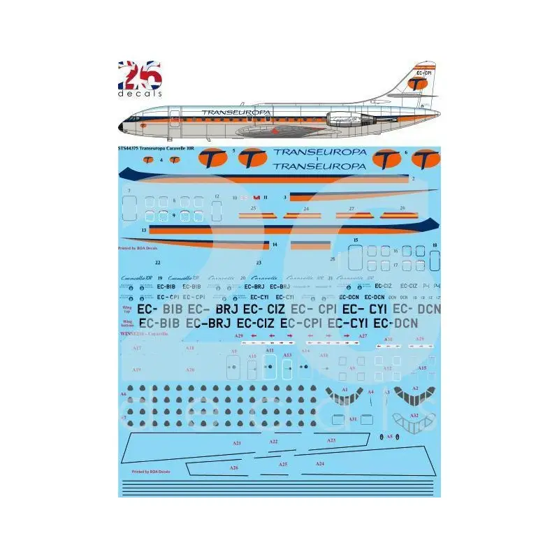 Hoge Kwaliteit Transeuropa Caravelle 10R Zeefdruk sticker voor A-Model Decal