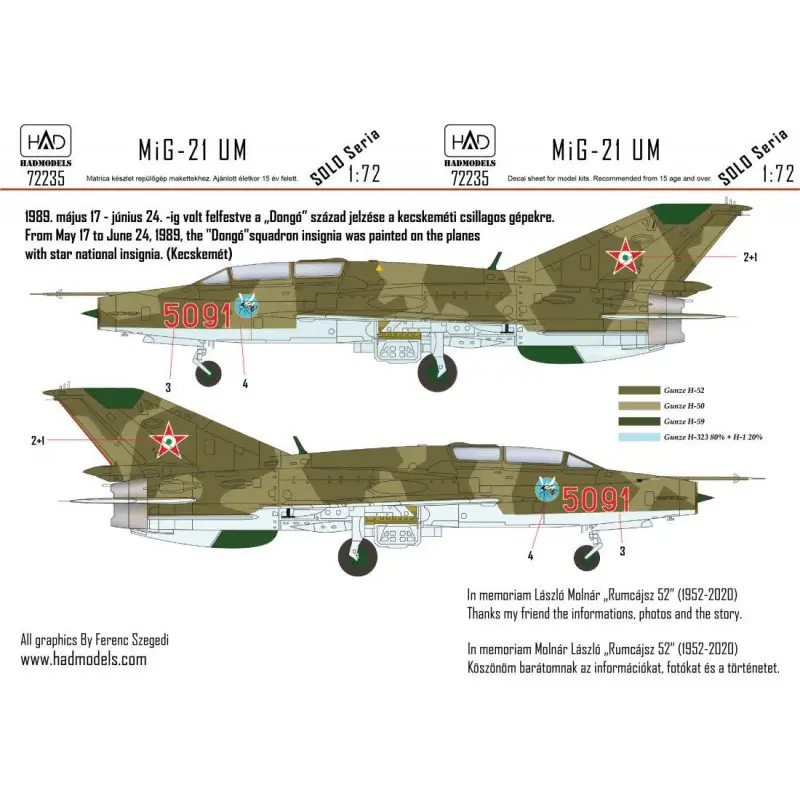 Sticker Mikoyan MiG-21UM 5091 'Dongó' Squadron met nationale sterinsignes Decal Beperkt Aanbod