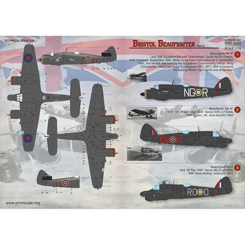 Korting Sticker Bristol Beaufighter. Deel 21. Beaufighter Mk.IF. Eenheid: 604 Squadron RAuxAF Detachement. Serieel: NG-R (T4625) .2. Bea