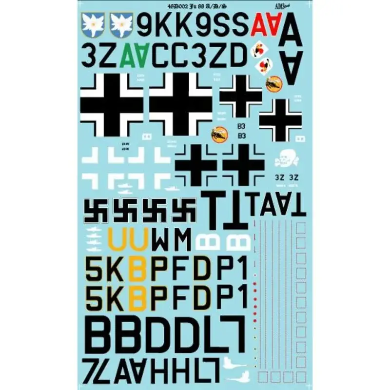 Lage Kosten Sticker Junkers Ju-88A / Ju-88D / Ju-88 S. Ju-88A-4 9K + AS 8./KG 51; Ju-88A-4 3Z + AC Stab / KG 77, Ju-88A-14 B3 + AM 4./KG 54;