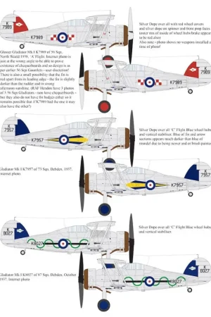 Nieuw Sticker Gloster Gladiator Mk.I K7989 van 56 Sqn, North Weald 1938 Gladiator Mk.I K7957 van 73 Sqn, Debden, 1937 Gladiator Mk.I K