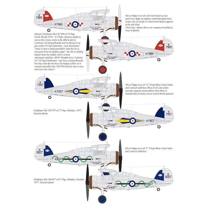 Nieuw Sticker Gloster Gladiator Mk.I K7989 van 56 Sqn, North Weald 1938 Gladiator Mk.I K7957 van 73 Sqn, Debden, 1937 Gladiator Mk.I K