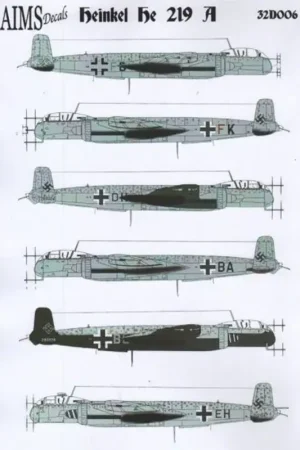 Populair Sticker Heinkel He-219A (7) G9 + DH Staffel I / NJG 1 Paderborn 1945; G9 + BA Stab / NJG 1; D5 + BL 3e Staffel 1 / NJG 3 zwarte