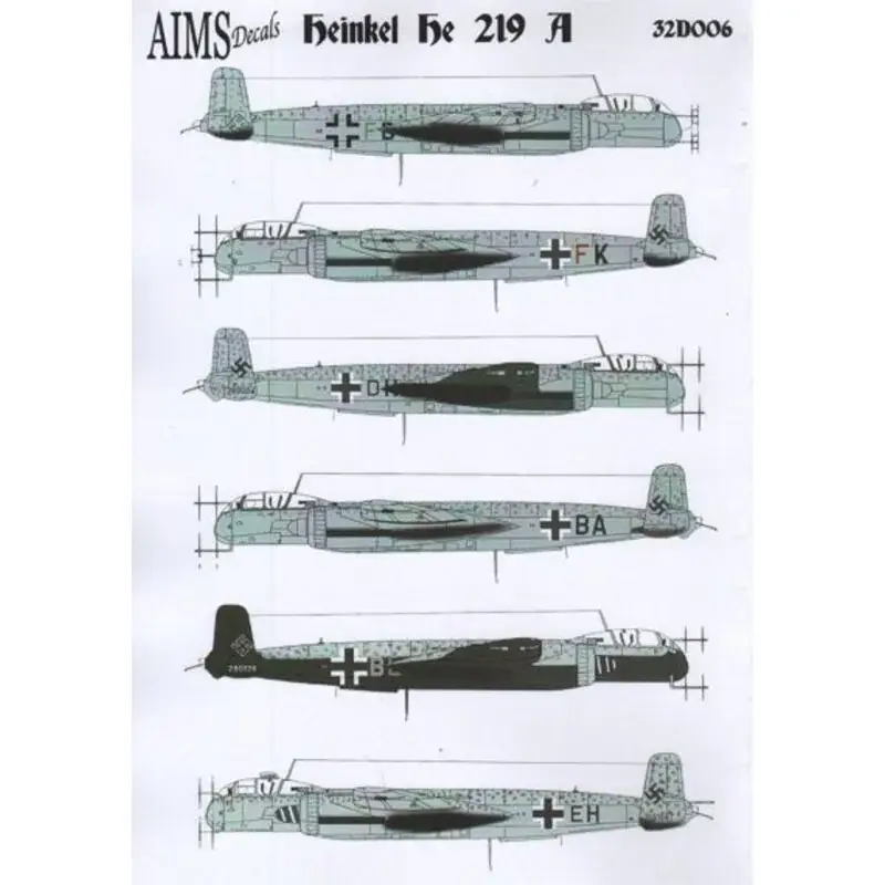 Populair Sticker Heinkel He-219A (7) G9 + DH Staffel I / NJG 1 Paderborn 1945; G9 + BA Stab / NJG 1; D5 + BL 3e Staffel 1 / NJG 3 zwarte