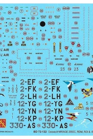 Voordeelprijs Sticker Dassault Mirage 2000C RDM: 330-AS, 2-EF, 2-LH;RDI 2000C: 12-YG, 12-YN, 12-KP;2000-5F: 2-FK (7 schema's)