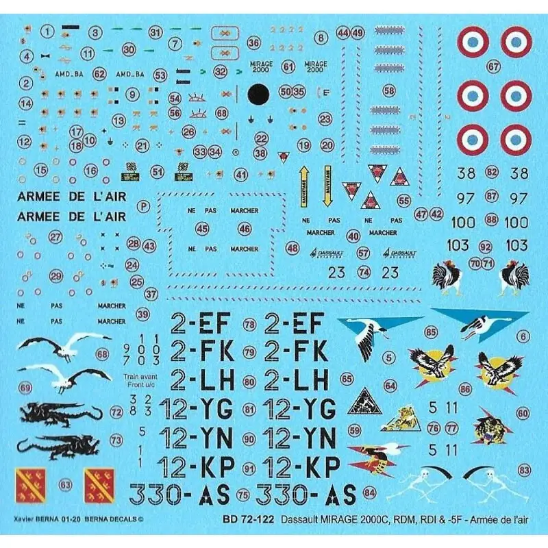 Voordeelprijs Sticker Dassault Mirage 2000C RDM: 330-AS, 2-EF, 2-LH;RDI 2000C: 12-YG, 12-YN, 12-KP;2000-5F: 2-FK (7 schema's)