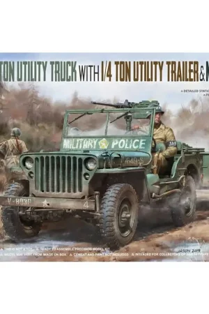 Hete Deal & frac14; ton Utility Truck US Army met & frac14; ton Utility Trailer + MP figuur Schaalmodel