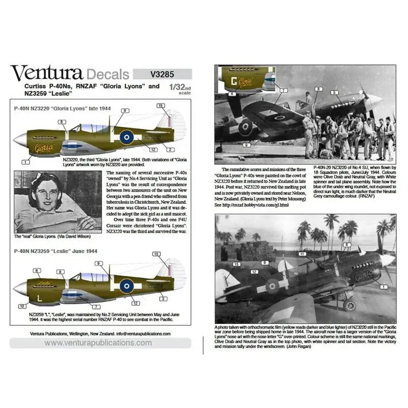 Sticker RNZAF Curtiss P-40Ns, "Gloria Lyons" en "Leslie" 1 / 32e schaal sticker - P-40N NZ3220 "Gloria Lyons" eind 1944. Twee ve Beperkt Aanbod