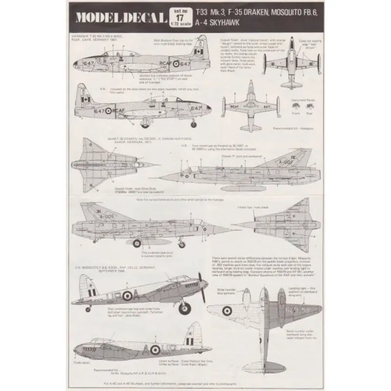 Beperkte Voorraad Sticker RCAF Lockheed T-33 Shooting Star, Zweedse Saab F-35 Draken, RNZAF Douglas A-4G Skyhawk, 1949 RAF de Havilland Mosquito F