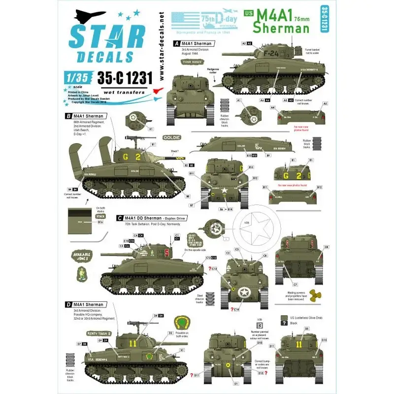 US M4A1 75 mm Sherman.75-D-Day-Special.Normandië en Frankrijk in 1944. 3e Armored Division, 66th Armored Regiment, 70th Tank B Direct Beschikbaar