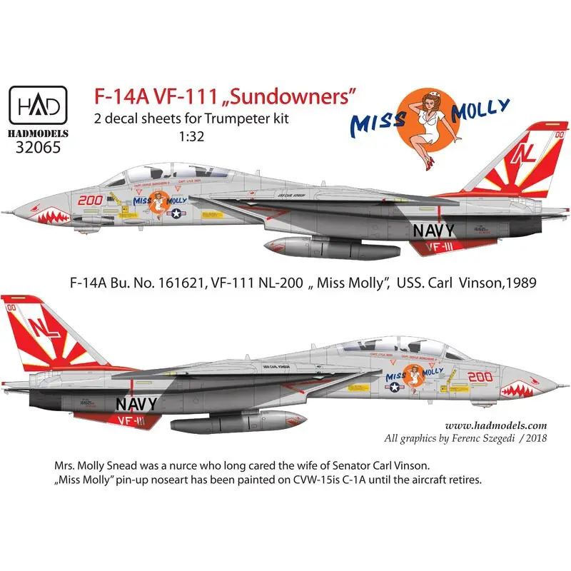 Sticker Grumman F-14A Tomcat VF-111 Sundowners "Miss Molly" voor de Trumpeter-set (dubbel vel) Veilige Betaling