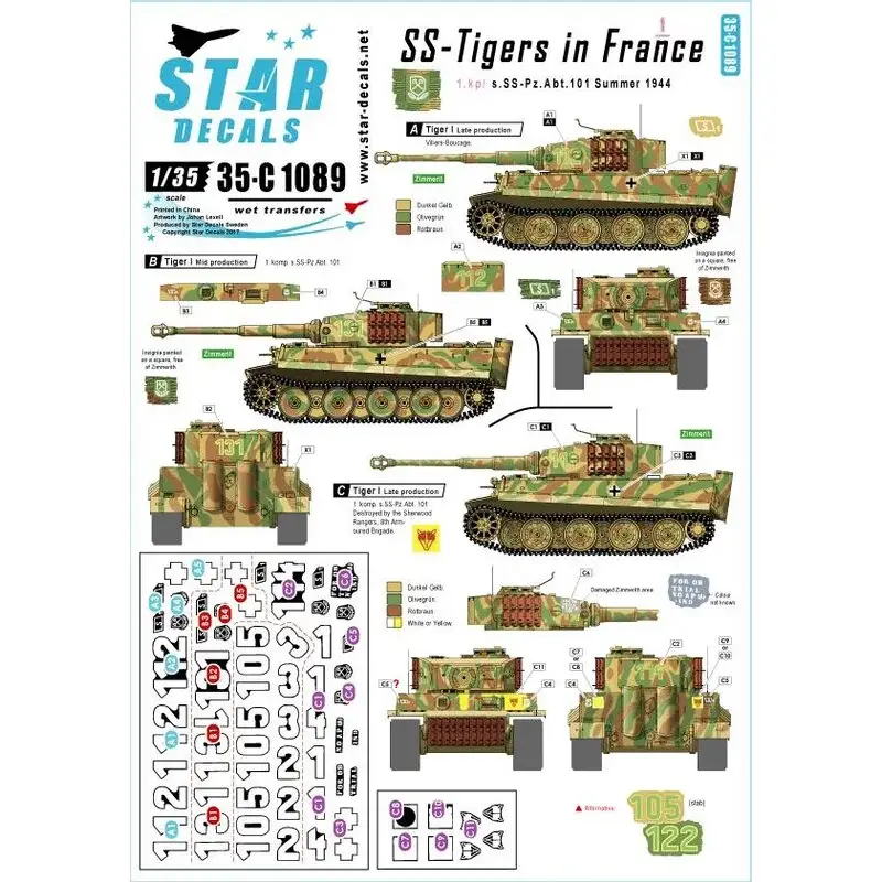 SS-Pz.Kpfw.VI Tijgers in Frankrijk 1. 1. Kompanie / s.SS.Pz-Abt 101, Normandie Frankrijk Zomer 1944. Tijdelijk Beschikbaar