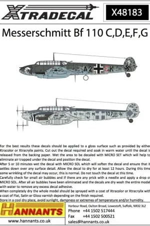 Sticker Messerschmitt Bf-110C / Bf-110D / Bf-110E / Bf-110F / Bf-110G Decal Lage Prijs