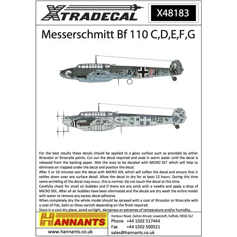 Sticker Messerschmitt Bf-110C / Bf-110D / Bf-110E / Bf-110F / Bf-110G Decal Lage Prijs