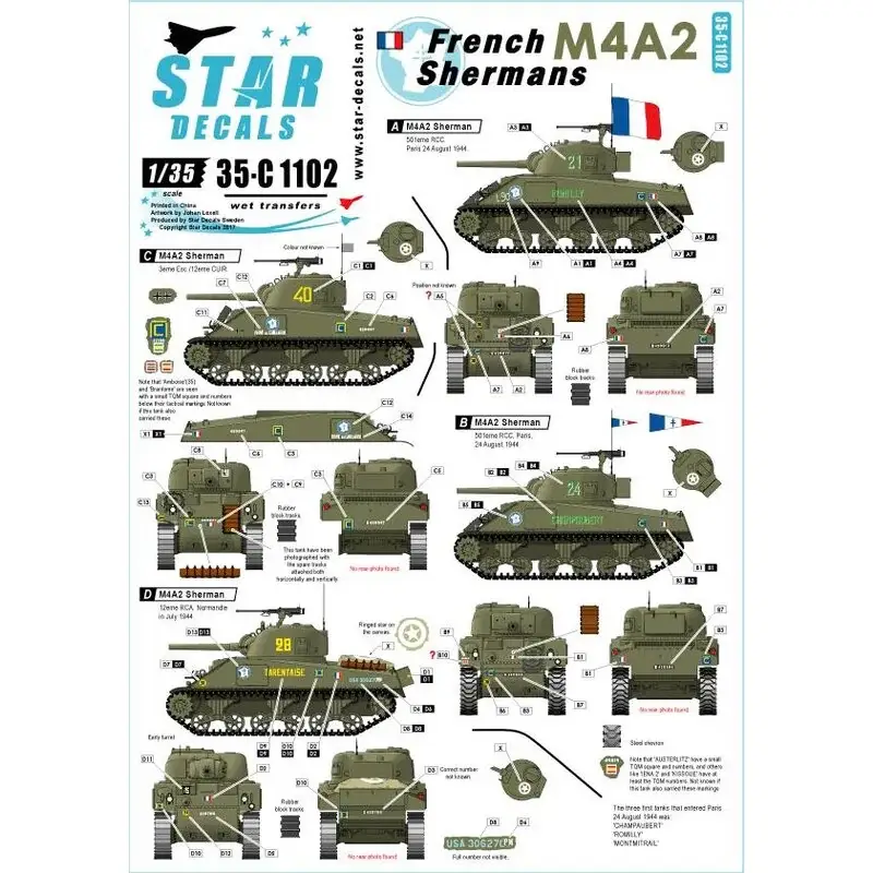 Franse Shermans 1. M4A2 Sherman in normandie en Parijs 1944. 501e RCC, 12eme CUIR. Decal Rechtstreeks Van De Fabrikant