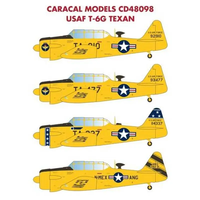 Sticker USAF Noord-Amerikaans T-6G Texan Dit 1/48 schaalblad biedt accurate en volledige markeringen voor vier na-oorlogse geel Must-Have