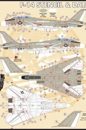 Sticker Grumman F-14A Stencil and Data 'set.Deze set bevat een set stencils voor de Gull Gray over white schema, evenals een se Bestseller