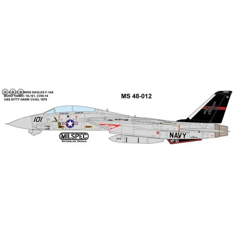 Sticker Grumman F-14A Tomcat VF-51 SCREAMING EAGLES F-14A, BUNO 160665 / NL101, USS KITTY HAWK (CV-63) CVW-15, 1979INCLUDES MILS Seizoensaanbieding