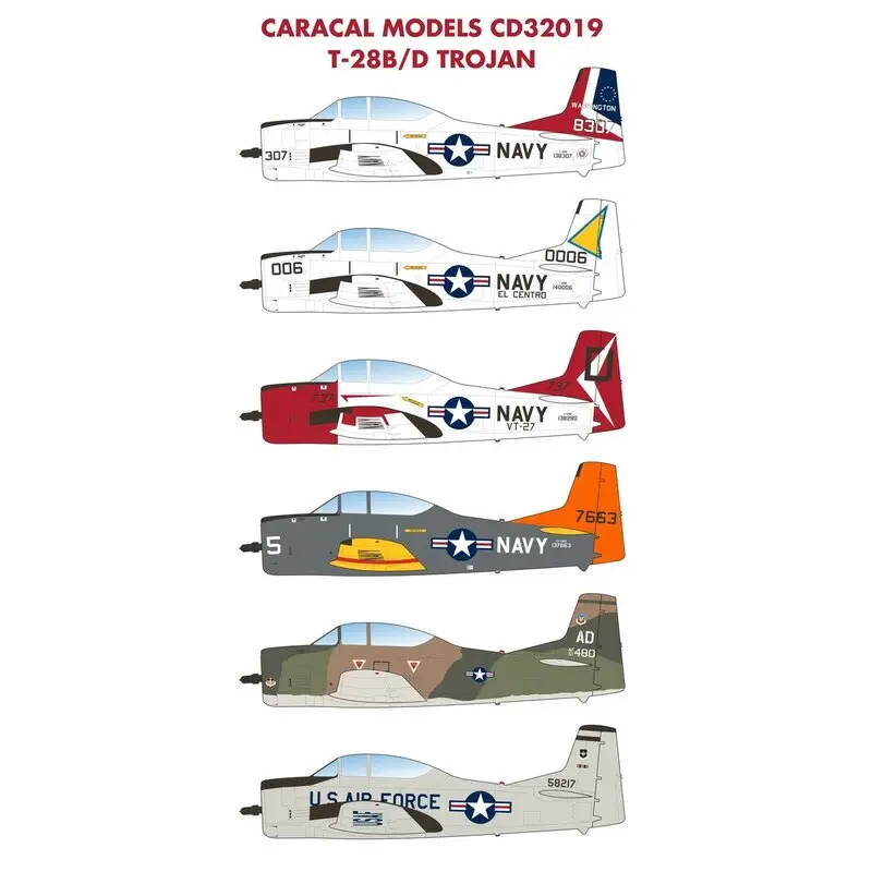 Sticker Noord-Amerikaans T-28B / D Trojan: Veelvoudige US Navy T-28 opties, waaronder een kleurrijke tweeduizendschema en twee U Seizoensaanbieding