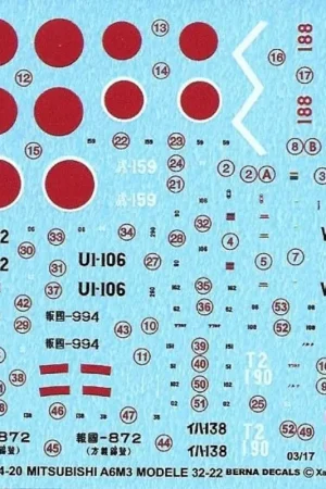 Sticker Mitsubishi ZERO A6M3 Model 22-32: 2 Kokutai (Q-102) 1942, Kiyoshi (X-151) 1942, 582 Kokutai (188) 07/04/1943, 204 Kokuta Express Levering