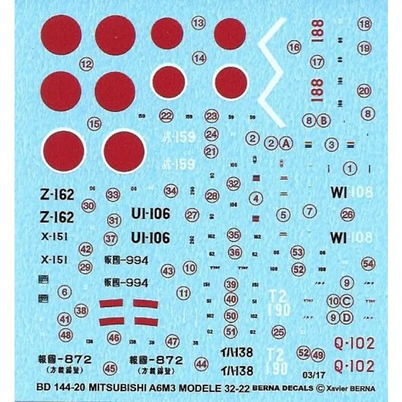 Sticker Mitsubishi ZERO A6M3 Model 22-32: 2 Kokutai (Q-102) 1942, Kiyoshi (X-151) 1942, 582 Kokutai (188) 07/04/1943, 204 Kokuta Express Levering