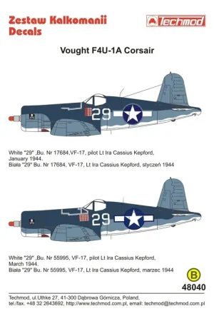 Sticker Vought F4U-1A (2) Witte 29 VF-17 x twee Corsairs zowel gevlogen Lt Ira Cassius Kepford..Nr 17684 januari 1944 en Nr 5599 Beperkt Aanbod