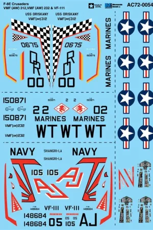 Sticker Vought F-8E Crusaders VMF (AW) 312, VMF (AW) 232 VF-111 Decal Gecertificeerd
