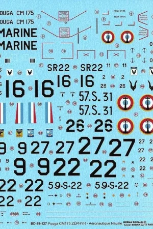 Sticker Fouga CM.175 Zephyr Frans Aeronavale: SR22 - CEPA 1959 57.S.31 - 57S 1960 N8734 - 26 - 59S 1960 59.S.22 - 59S 1961 N8734 Finale Uitverkoop
