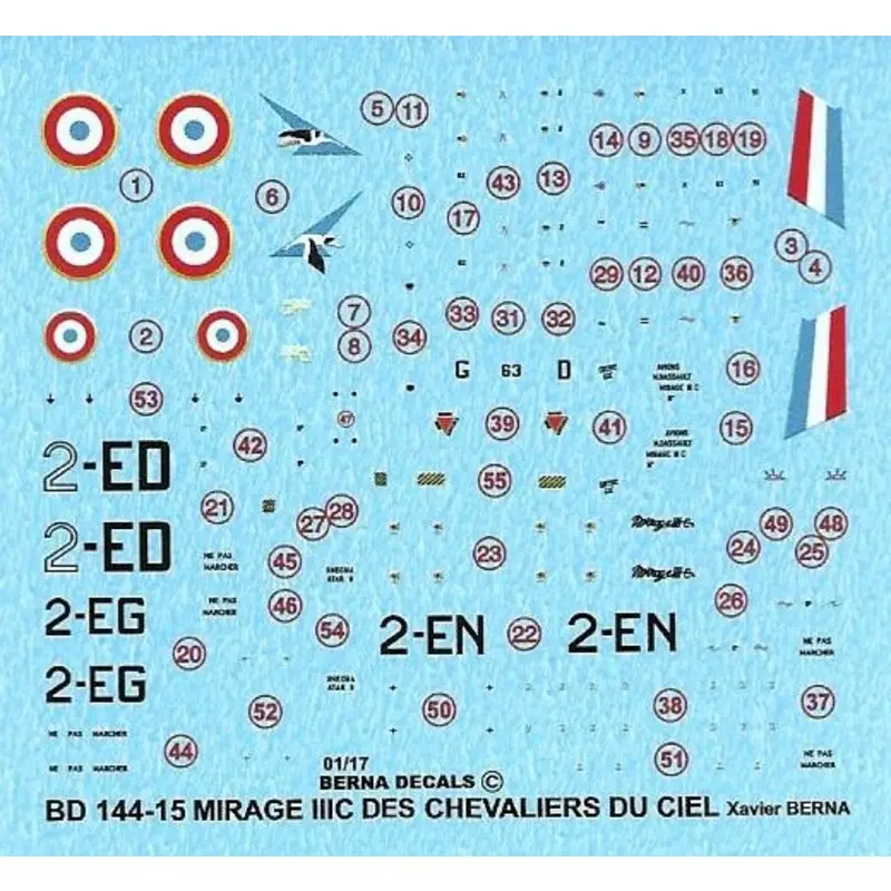Sticker Dassault Mirage IIIC 'Knights of the Sky': 2-ED 'Cigognes' Dijon 1964, 2-EG 'Cigognes' Dijon 1967, 2-NL 'Cigognes' Dijon Betaalbaar