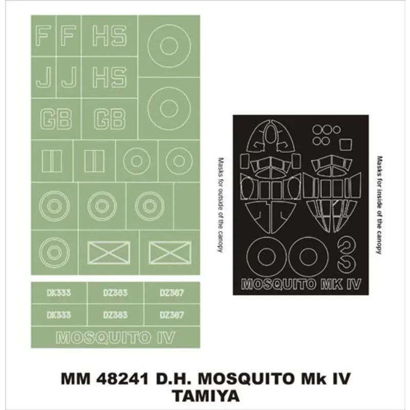 De Havilland Mosquito Mk.IV 2 canopy masks (exterior and interior) + 2 insignia masks (designed to Be Farming with Tamiya kits) Lage Kosten