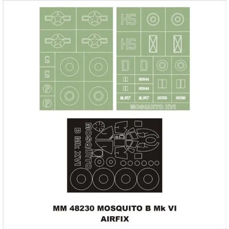 de Havilland Mosquito Mk.XVI 1 canopy masks (exterior) + 2 insignia masks (designed to Be Farming with Airfix kits) Beste Prijs
