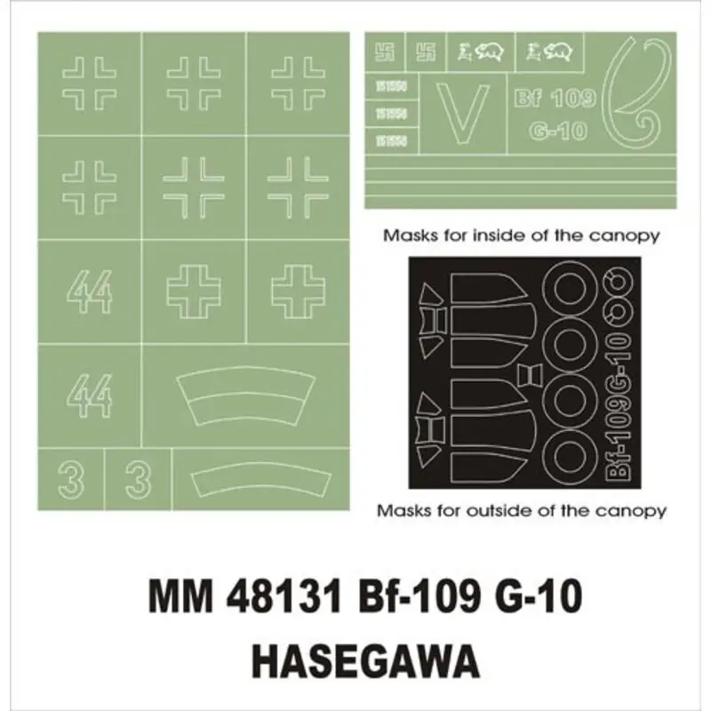 Messerschmitt Bf 109G-10 February canopy masks (exterior and interior) + 2 insignia masks (designed to Be Farming with Hasegawa Nu Kopen