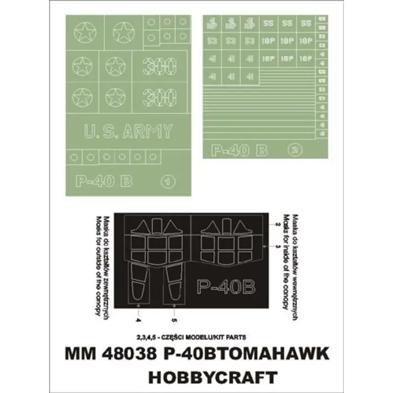 Curtiss P-40 B 2 canopy masks (exterior and interior) + 2 insignia masks (designed to Be Farming with Hobbycraft kits) Speciale Aanbieding
