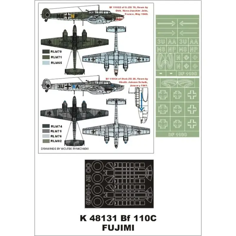 Tijdelijk Beschikbaar Messerschmitt Bf 110C 2 canopy mask (exterior and interior) + 2 insignia masks (designed to Be Farming with FUJIMI kits)