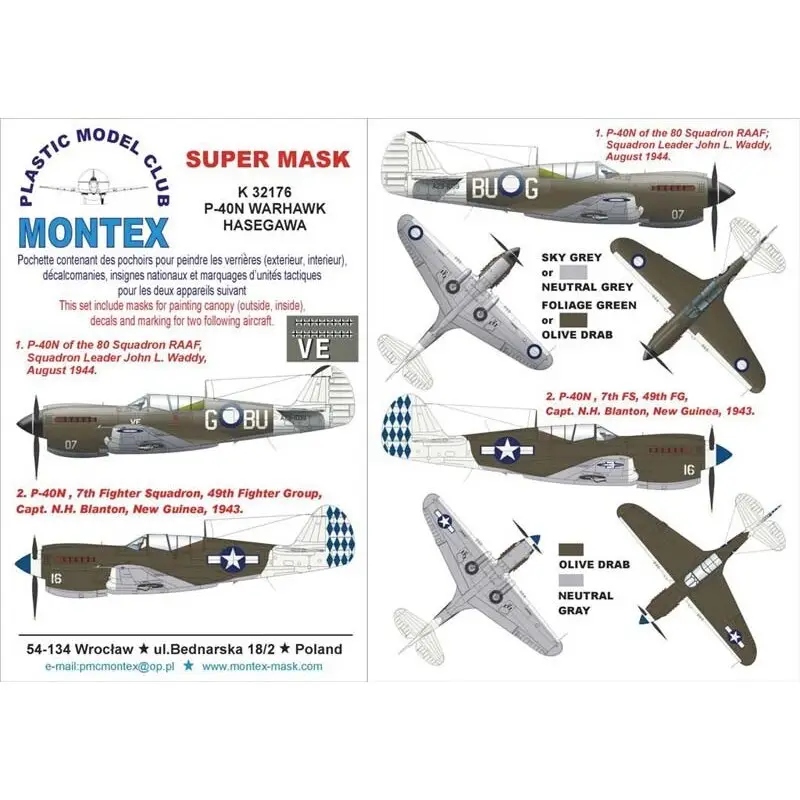 Beste Prijs Curtiss P-40N WARHAWK 2 canopy mask (exterior and interior) + 2 insignia masks + decals (designed To Be Farming with Hasegawa ki