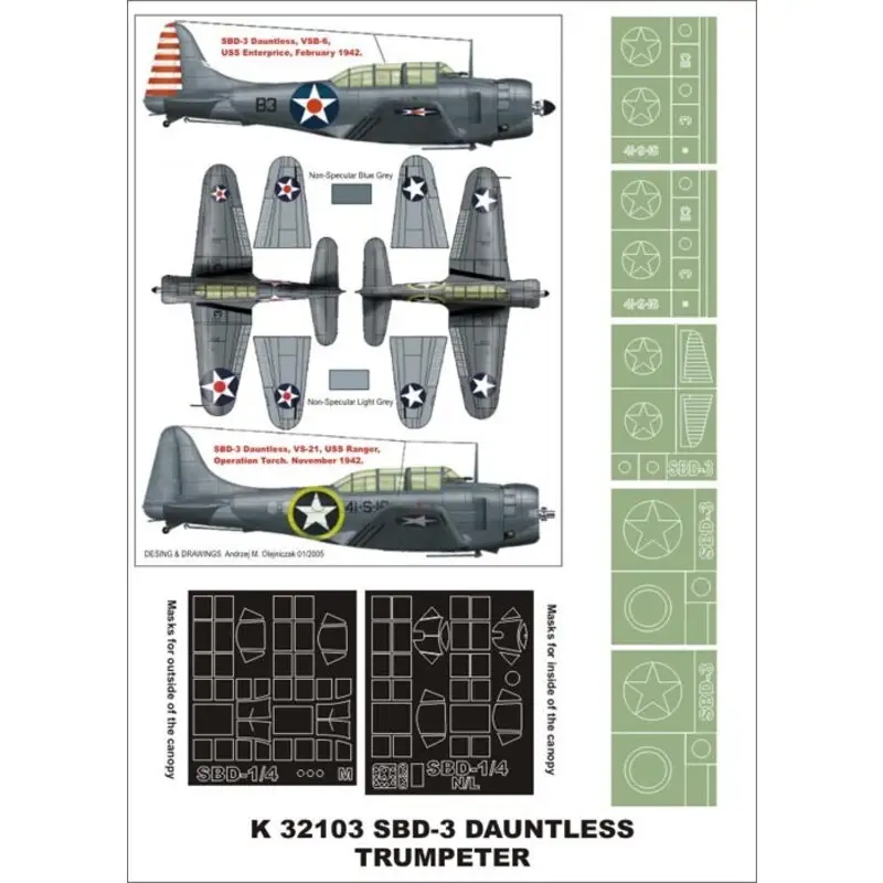 Curtiss SBD-3 Dauntles 2 canopy mask (exterior and interior) + 5 insignia masks (designed to Be Farming with Trumpeter kits) Finale Uitverkoop