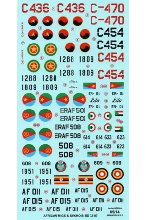 Sticker African Air Force MiGs & Sukhois: MiG-23ML C436, C454 red and black & C-470 Angola - MiG-23BN ER-01 Lilo, ERAF MiG-29 50 Op = Op
