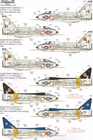 Beperkte Voorraad Sticker EE/BAC Lightning T.4/T.5 Part 1 (9) Mk.T.4 XM974/T 74 Sqn Black fin and spine RAF Leuchars 1965 - XM995/T 92 Sqn Blue fi