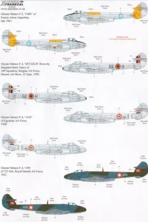Sticker Gloster Meteor F.4 with Overseas Operators (4) Fuerza Aerea Argentina I-005 with yellow trim 1961- Belgian AF EF5 GE-H 4 Koop Vandaag