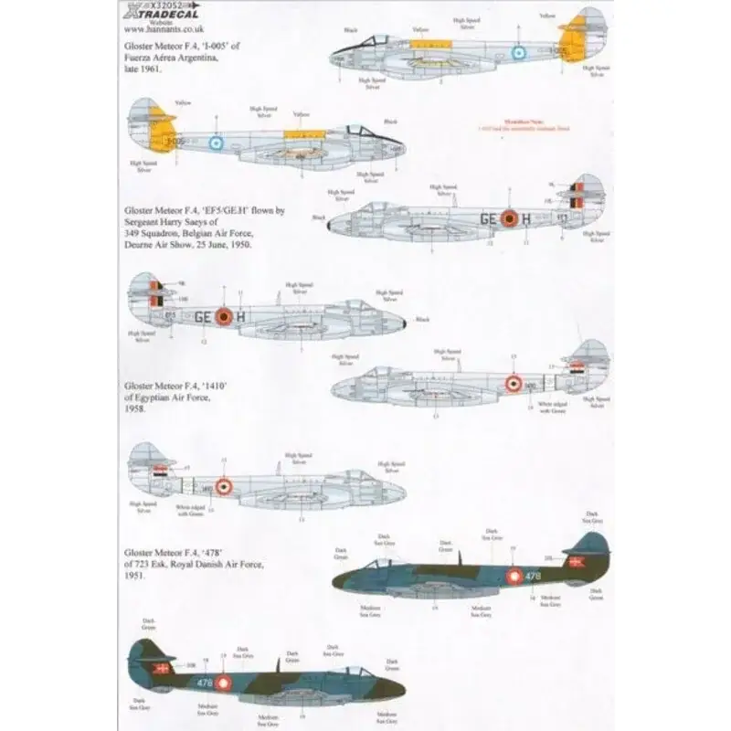 Sticker Gloster Meteor F.4 with Overseas Operators (4) Fuerza Aerea Argentina I-005 with yellow trim 1961- Belgian AF EF5 GE-H 4 Koop Vandaag