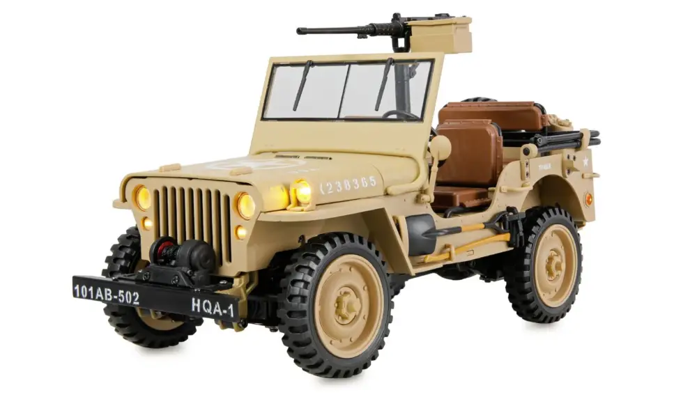 Amewi 1/14 4WD Jeep Willys MB Scale Crawler 4WD RTR - Zand (metaal, led, geluid, en 2-speed) Beperkte Voorraad